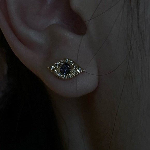 14k Solid Yellow Gold 1/2 inch Evil Eye Diamond Blue Sapphire (?) Stud Earrings - Picture 8 of 13